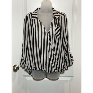 Charming Charlie Black White Stripe Sheer Wrap Blouse Top Womens Large EUC Work